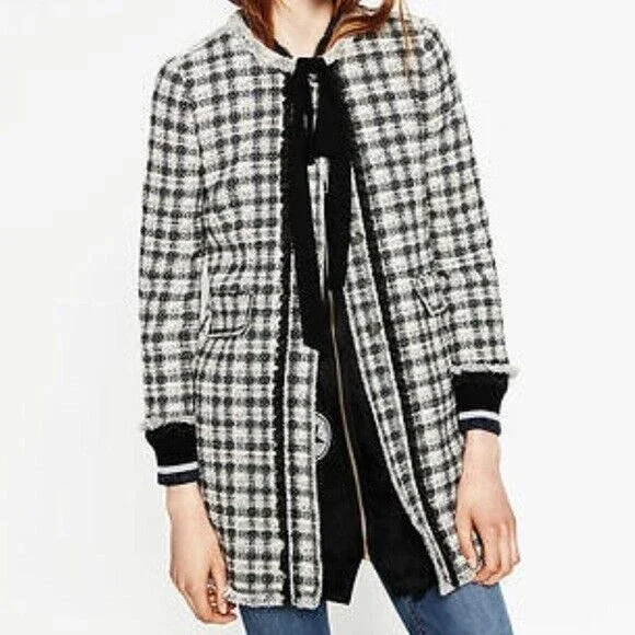 ZARA Chanel style tweed coat jacket bow detailed buttons Sz XS